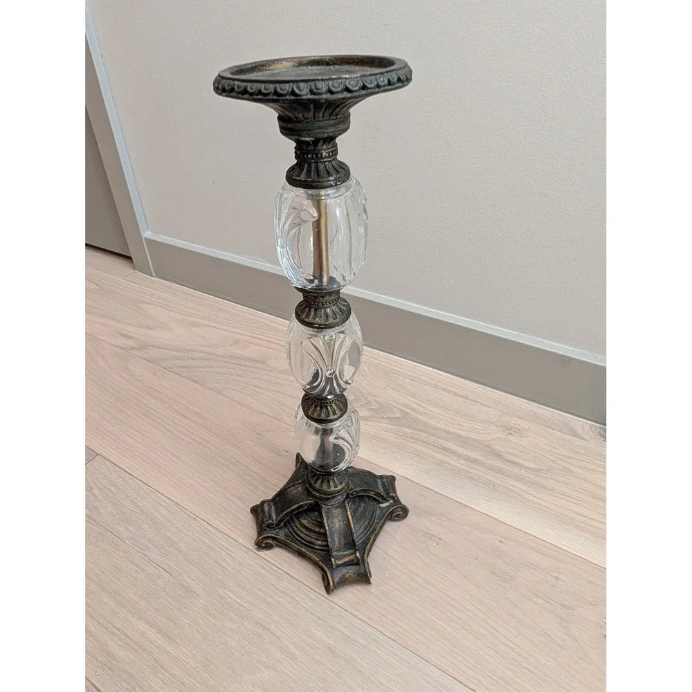 Vintage Inspired Bronze & Glass Pillar Candle Holder | 16